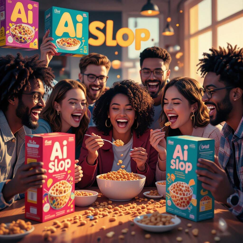 Diverse People Enjoying "AI Slop" Cereal in Concept Art Styl...