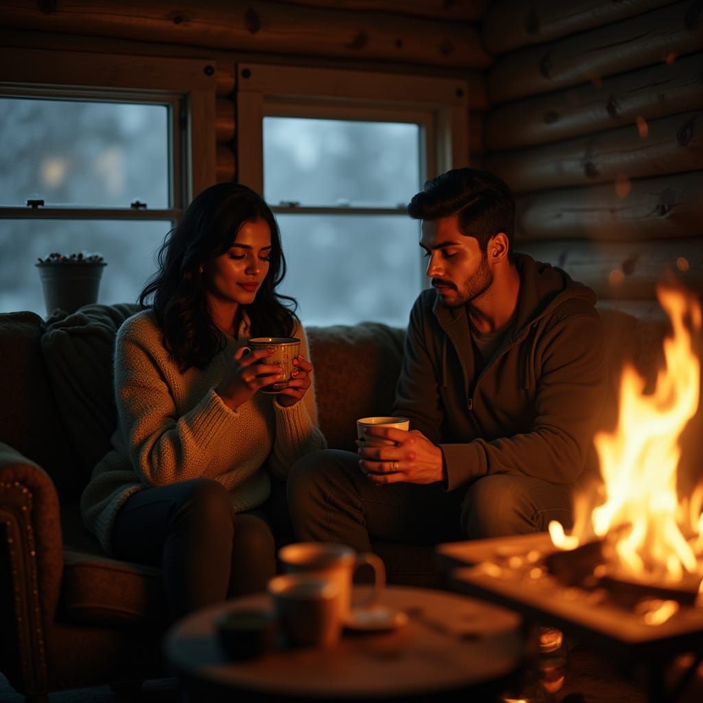Indian Couple in Cozy Alaskan Cabin