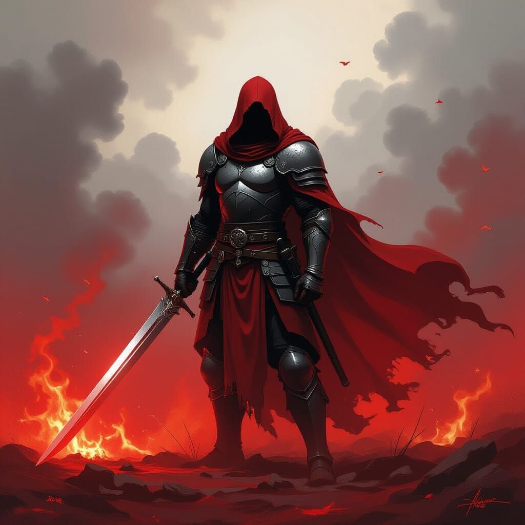 Crimson Warrior in Epic Battlefield Scene