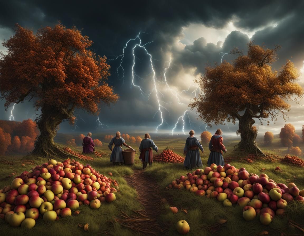 several Middle age pesants harvesting appels in a fall landscape with thunderstrom sky