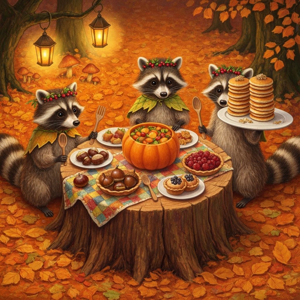 Woodland Raccoons Celebrate Thanksgiving Feast in Autumn