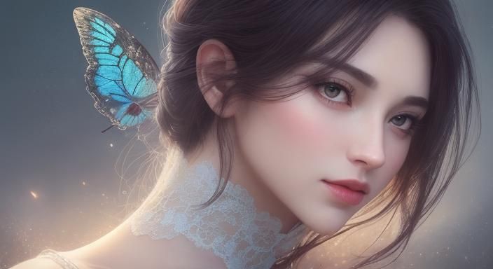 Glowing Butterfly on Fingertip in Surreal Oil Painting