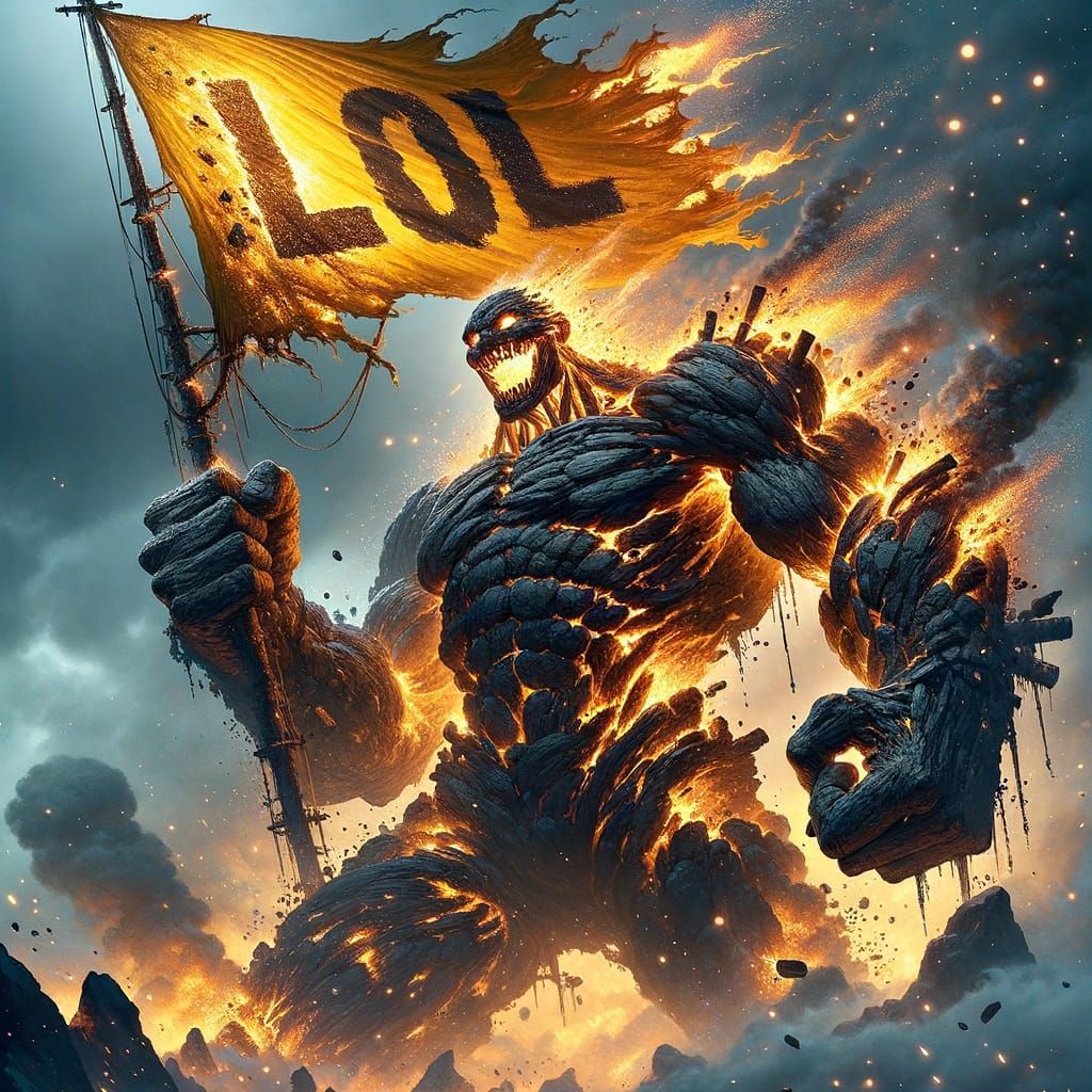 Coal Golem Villain with Flaming LOL Flag