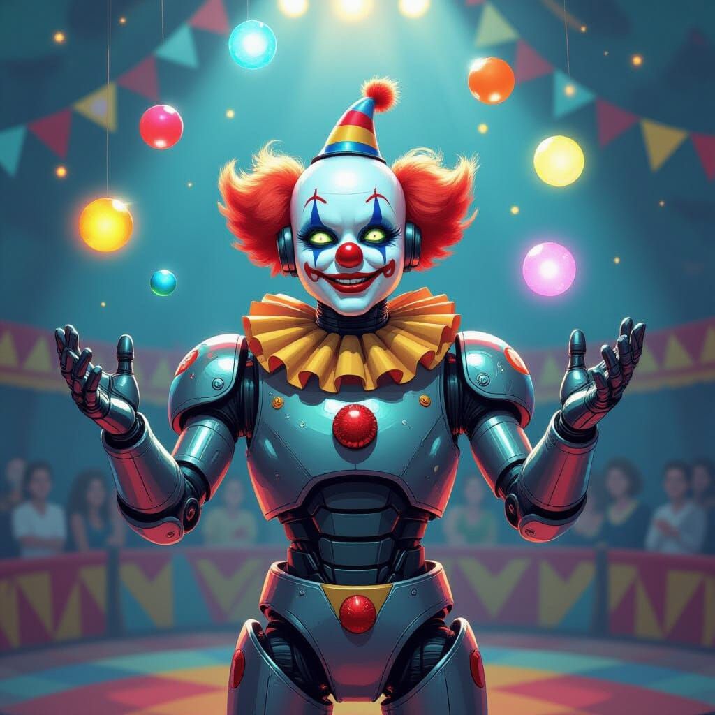 Futuristic Robot Clown Juggling Orbs