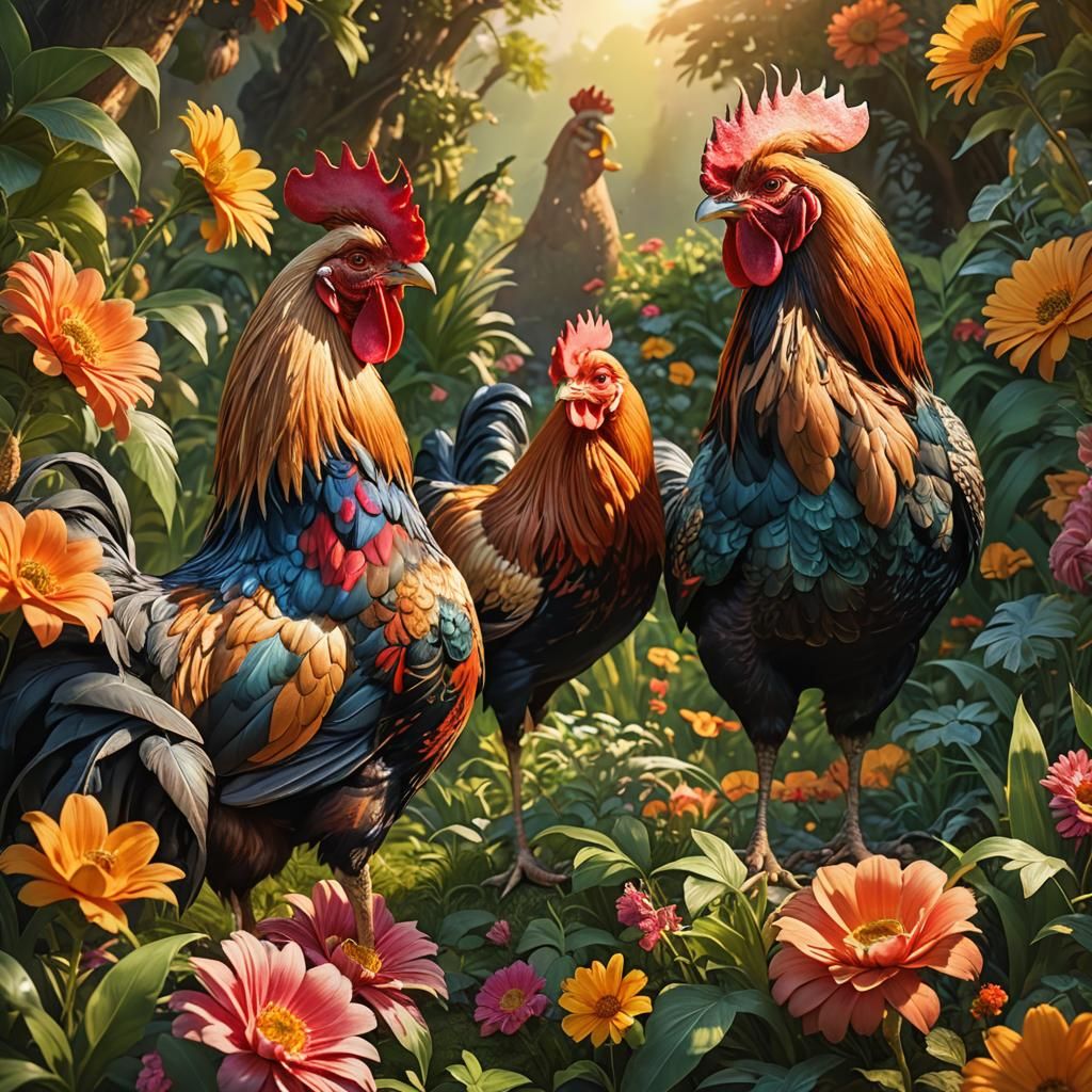 Rooster and Hen Loving Scene in Lush Garden