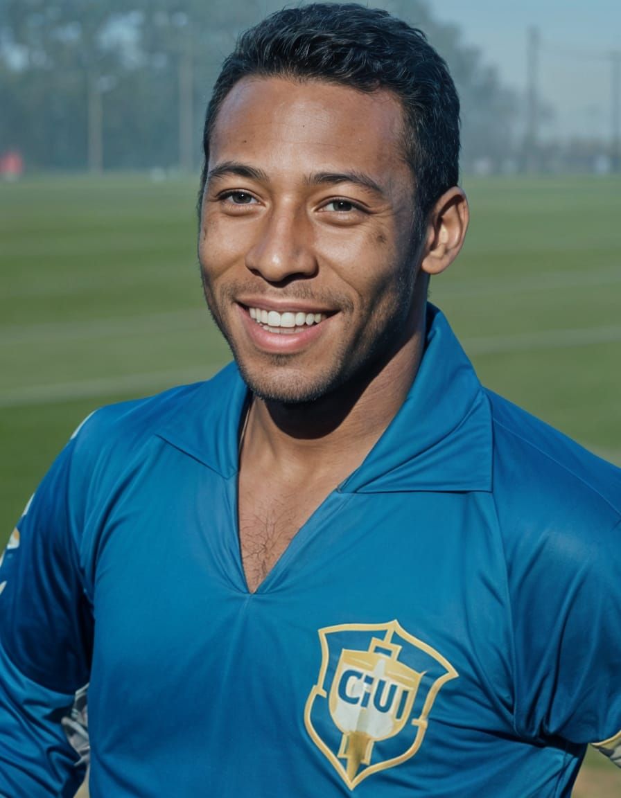 Vintage Brazilian Soccer Star Kicks Ball in Field