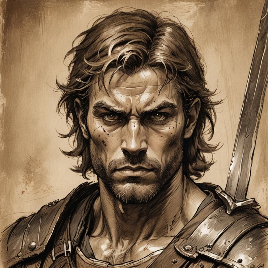Sepia Sketch Portrait of a Male Fighter