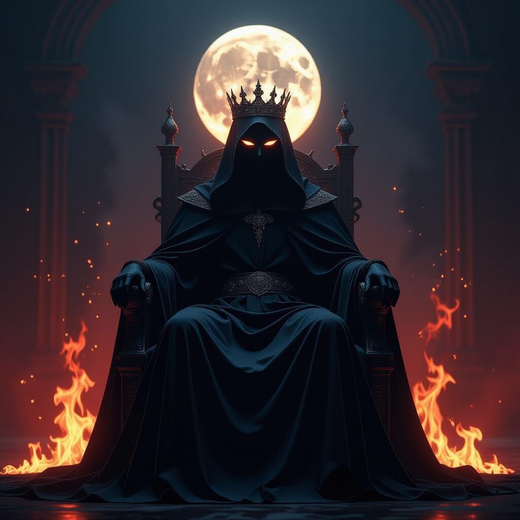 Masked Figure with Moonlight Crown on Fire Throne