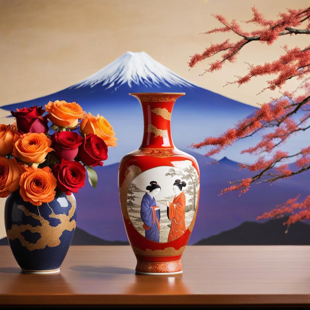 Kintsugi Vase with Roses and Mount Fuji Backdrop