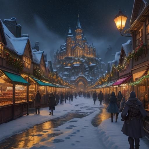 Magical Christmas Street in Oil Painting Style