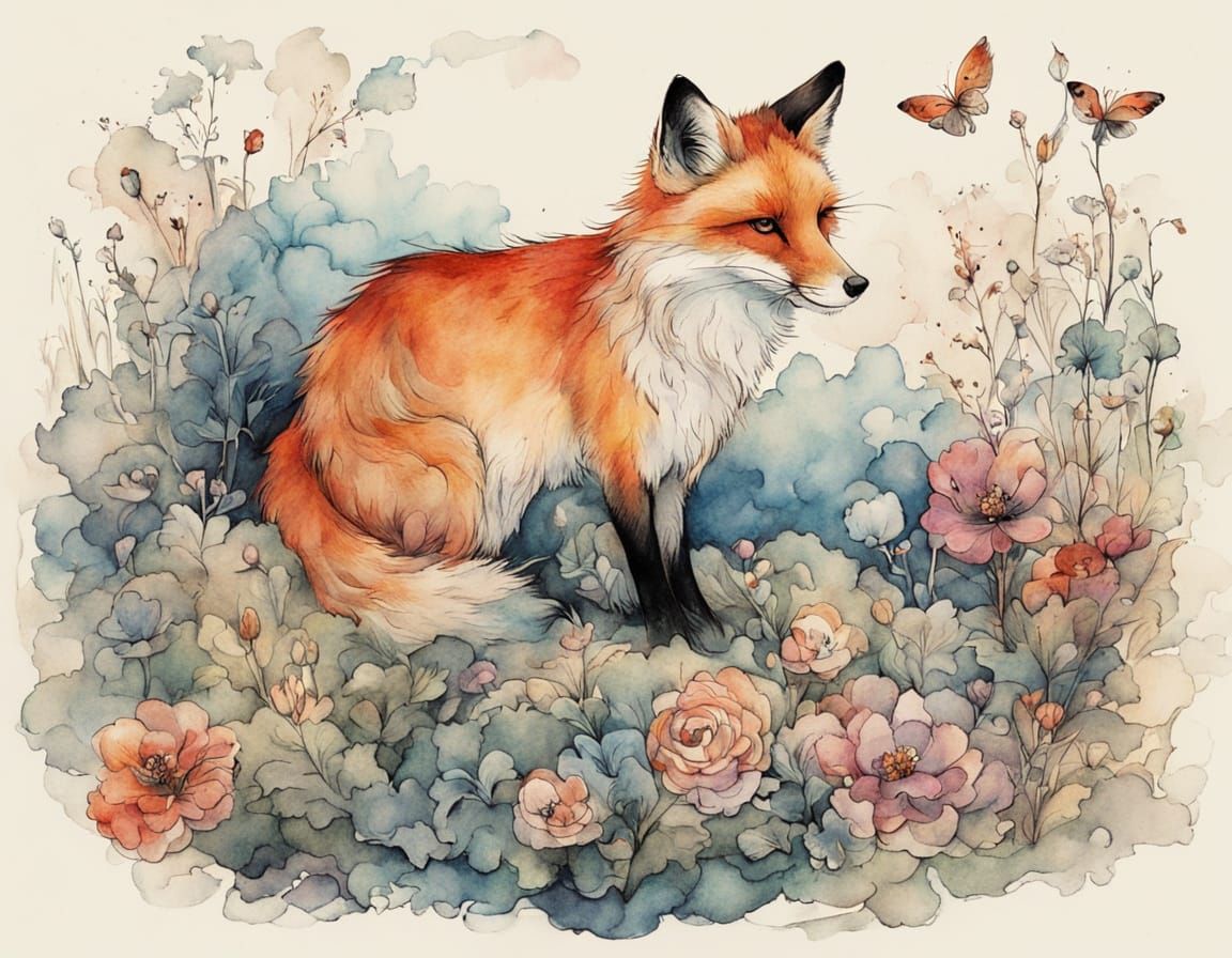 Whimsical Watercolor Floral Scene with Curious Fox