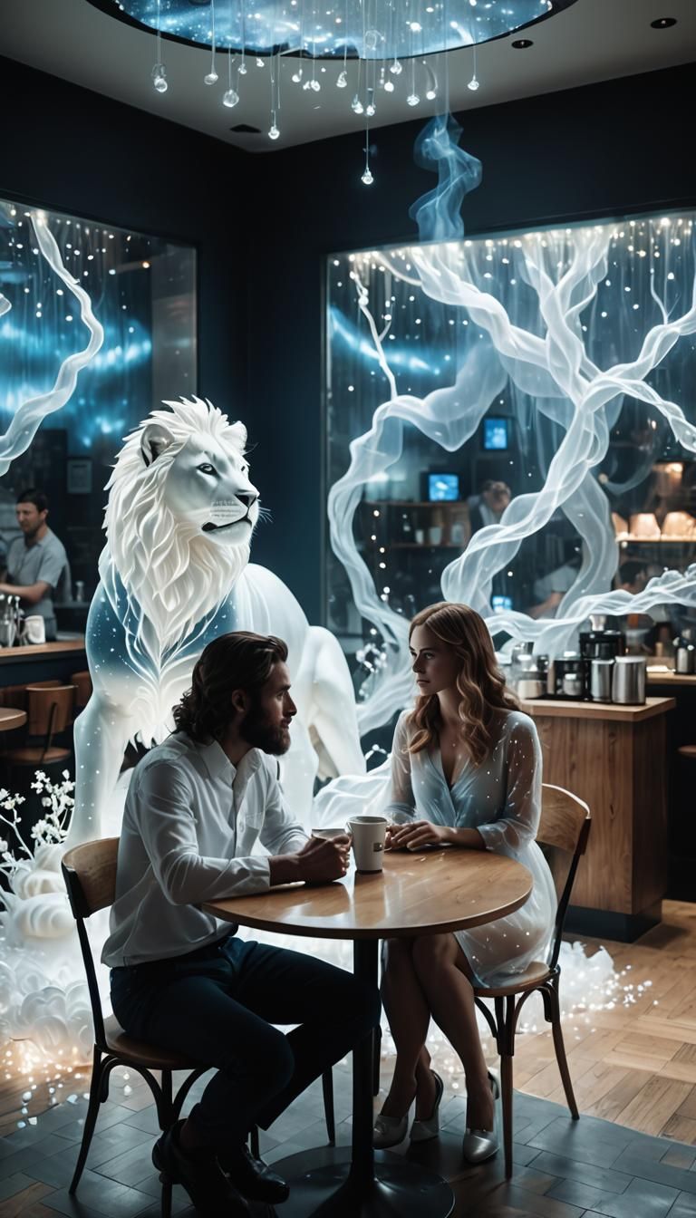 Ethereal Hologram Projection of Couple in Coffee Shop