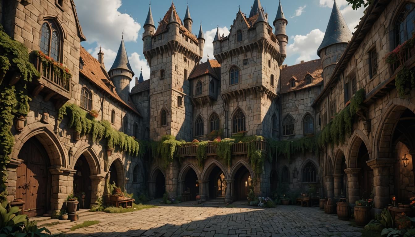 Medieval Castle Courtyard: Detailed Matte Painting