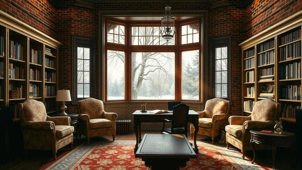 Victorian Library in Golden Hour Oil Painting Style