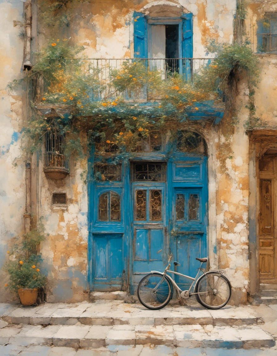 Blue Door and Bicycle in Gildpunk Style