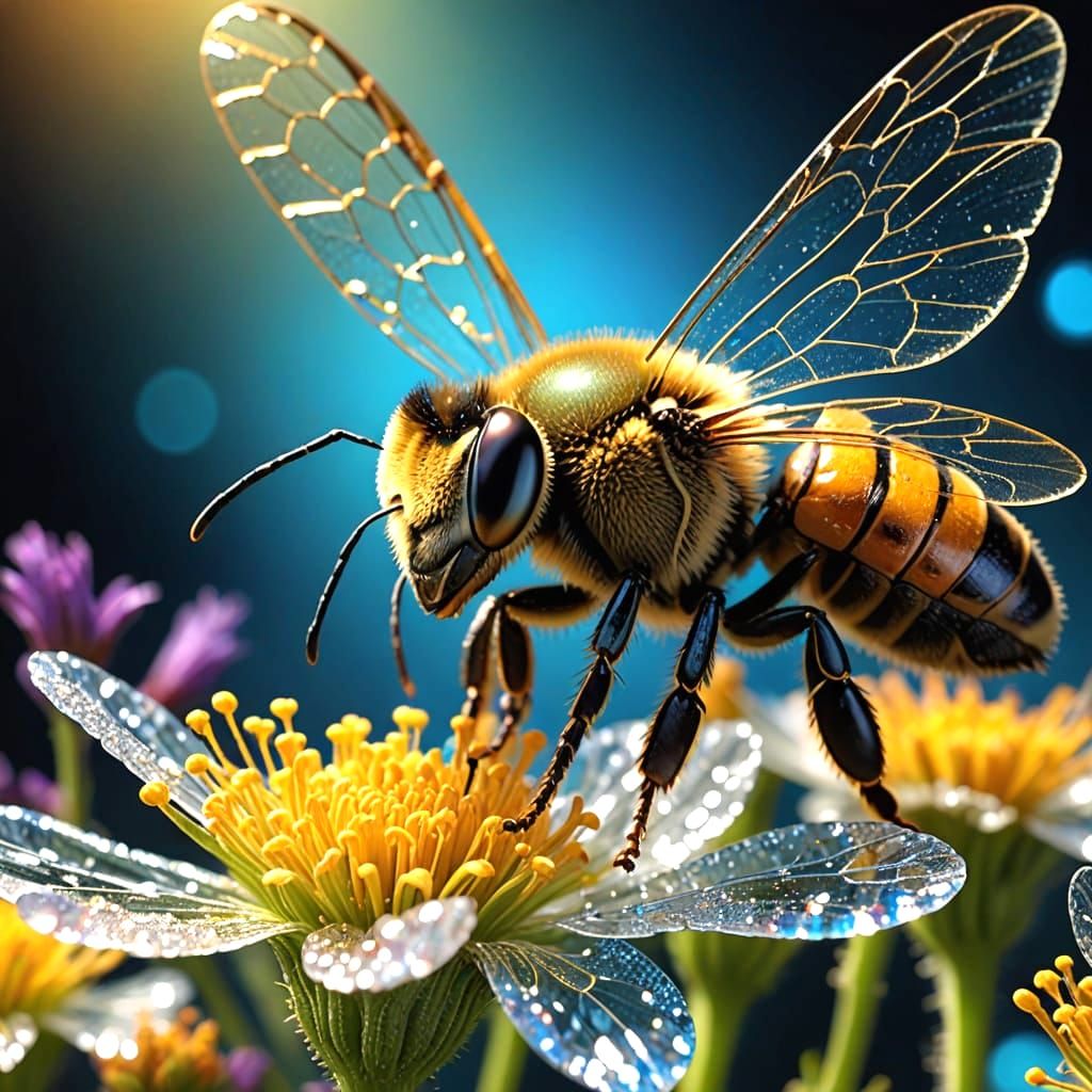 Surreal Bee in Crystal Wings Soars Over Exotic Floral Fields