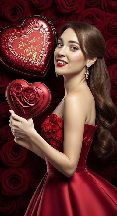 Lady in Red with Rose and Chocolate, Hyperrealistic Art
