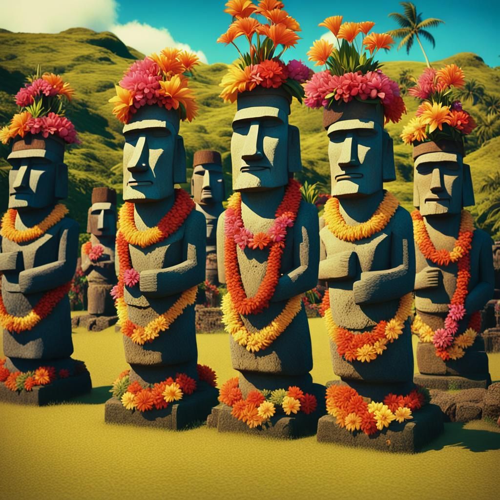 Moai Statues Dance Sirtaki in Modern Clothes