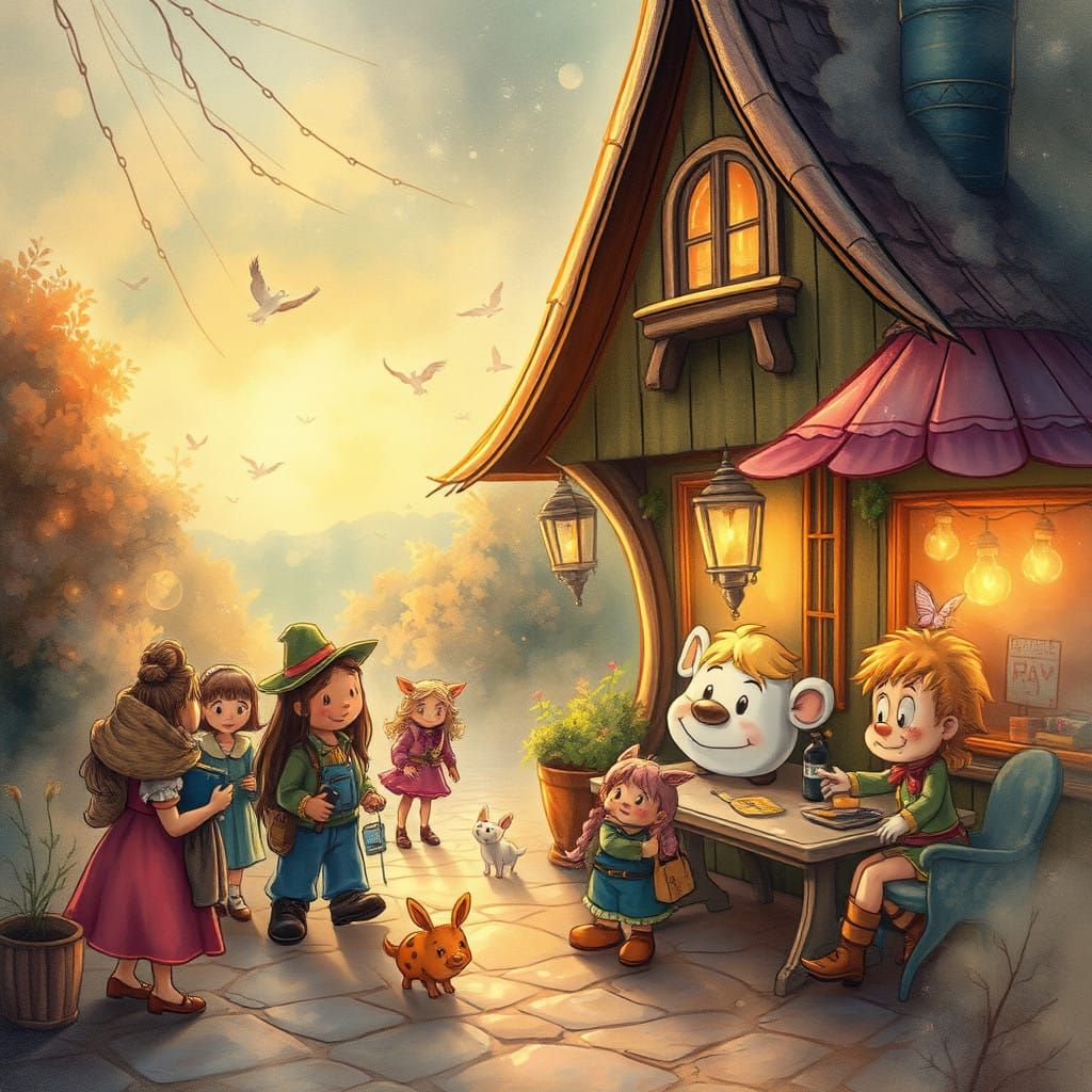 Whimsical Comic Strip Characters in Enchanted Golden Light