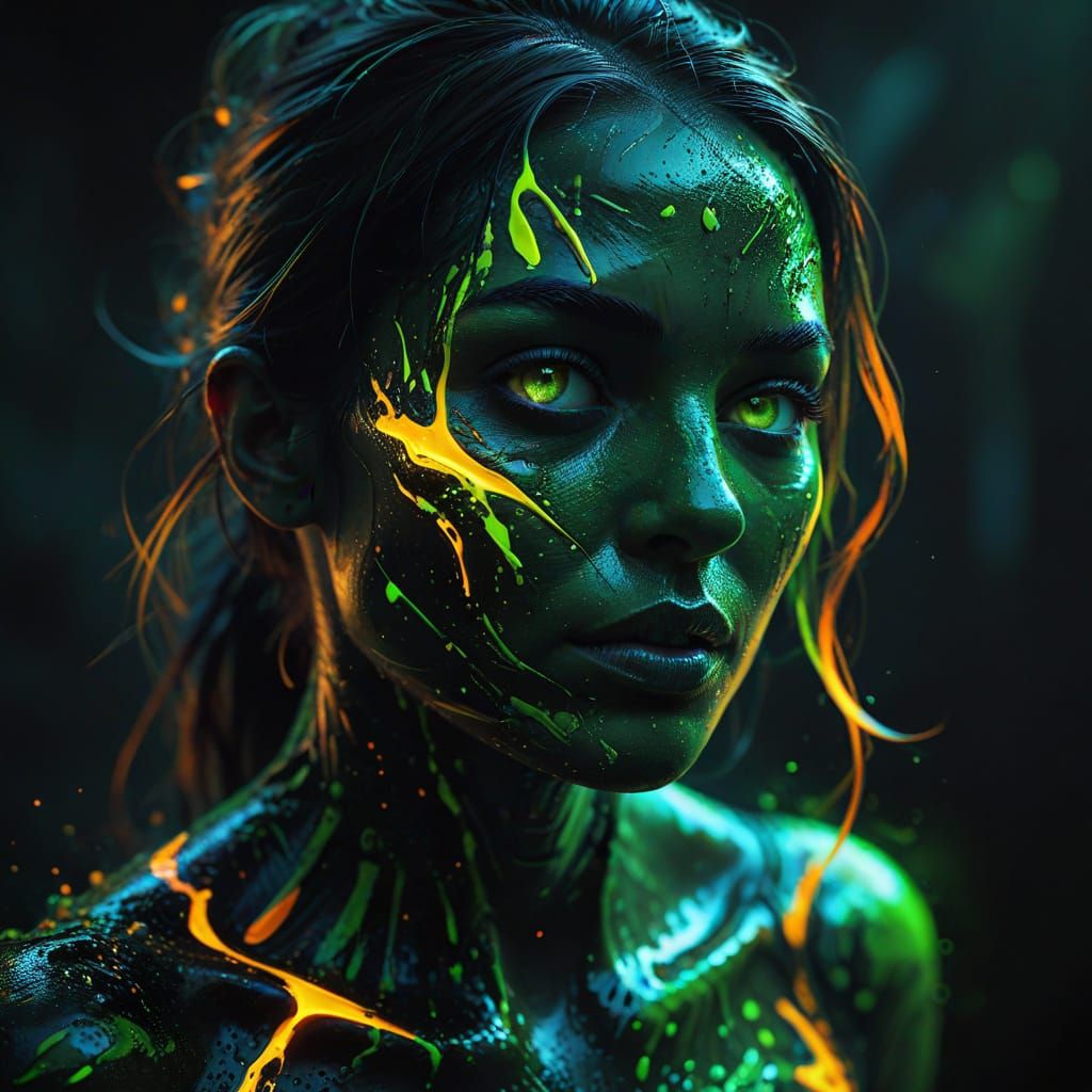 Dramatic Dark Figure in Neon Green and Orange