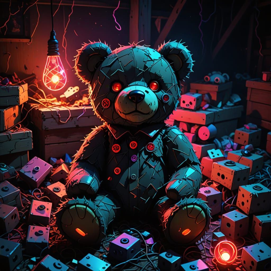 Sinister Teddy Bear with Glowing Embers Sits on Broken Toys