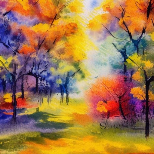 September Landscape in Gouache Watercolor Style