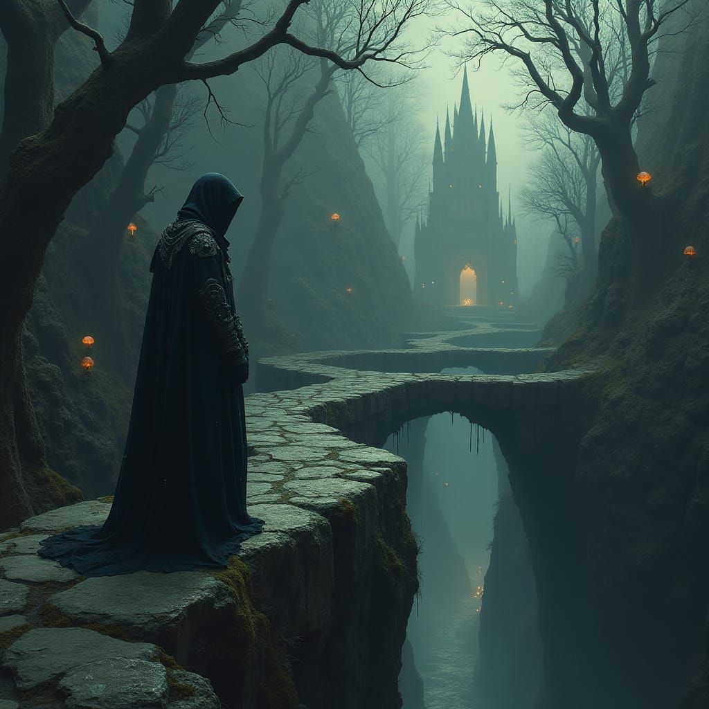 Dark Figure Stands at Edge of Weathered Bridge in Haunting L...