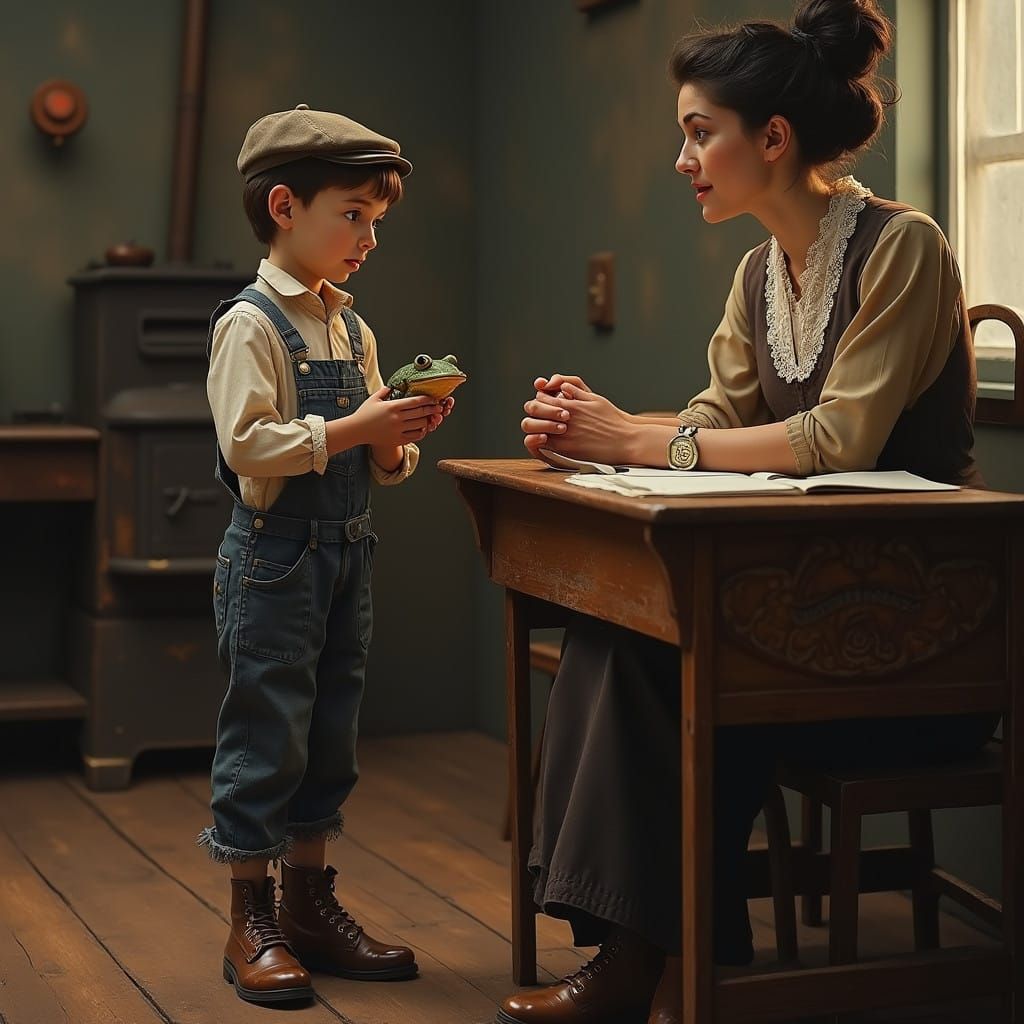Early 20th Century Schoolboy Presents Surprised Teacher with...