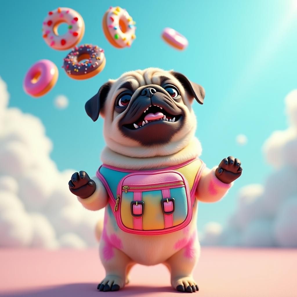 Tie-Dye Pug with Donuts in Gradient Sky
