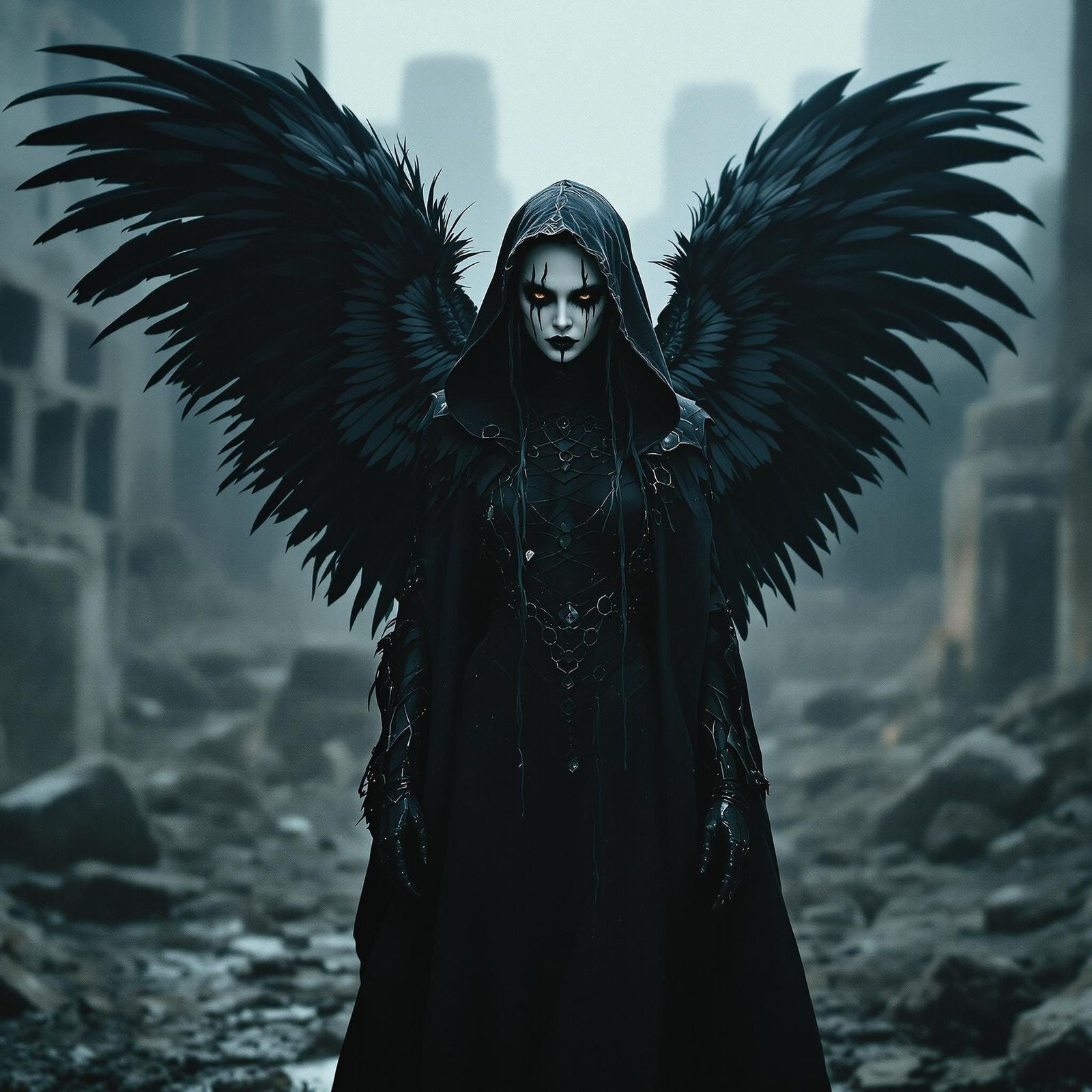 Gothic Angel in Ruined City, Dark Cinematic Style