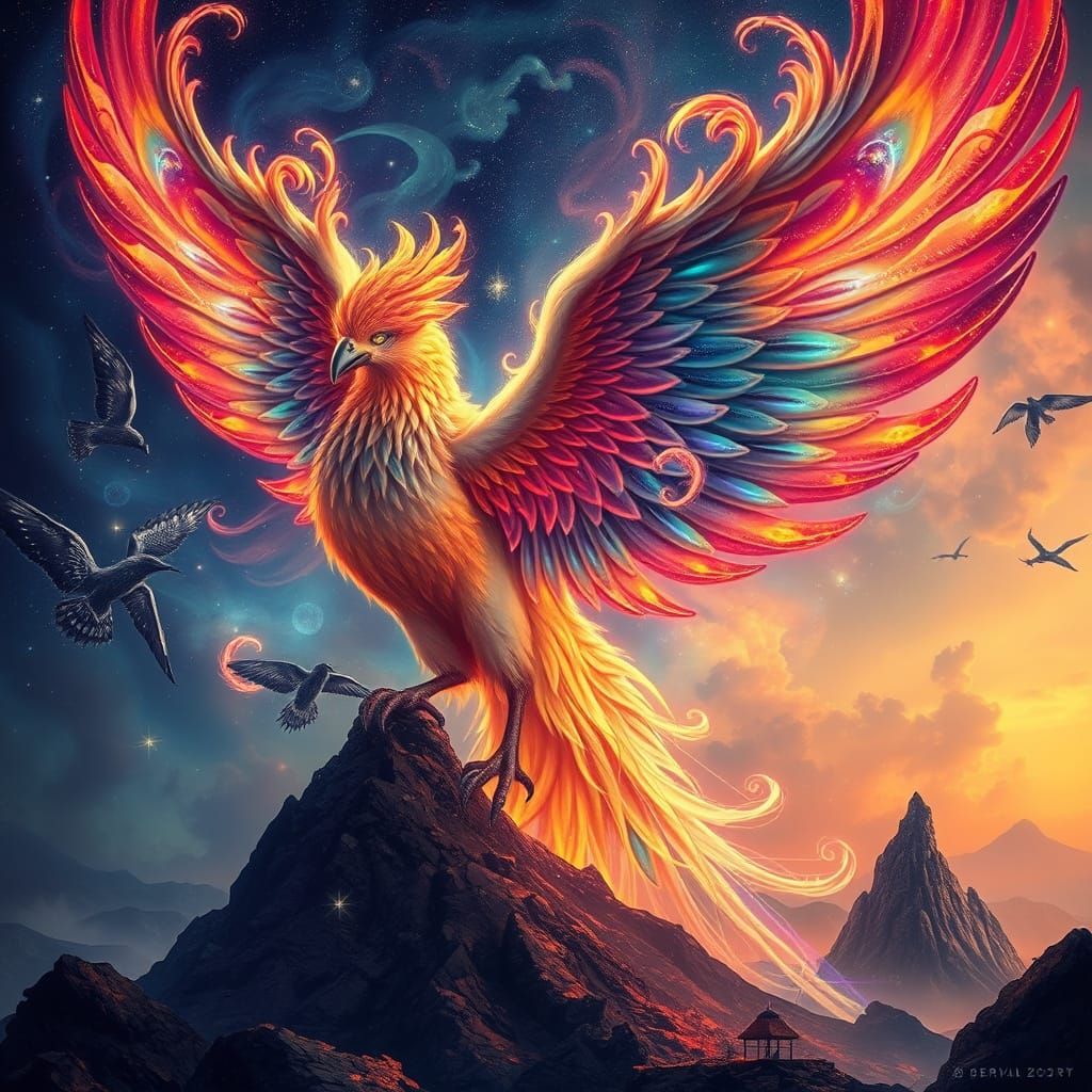 Phoenix Rises from Ancient Volcanic Ashes in Cosmic Art Nouv...