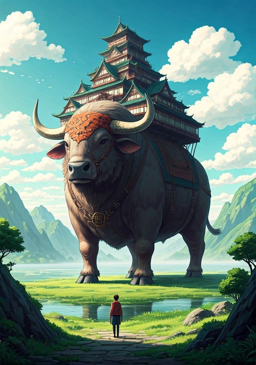 Giant Ox Creature Carrying Fantasy Village