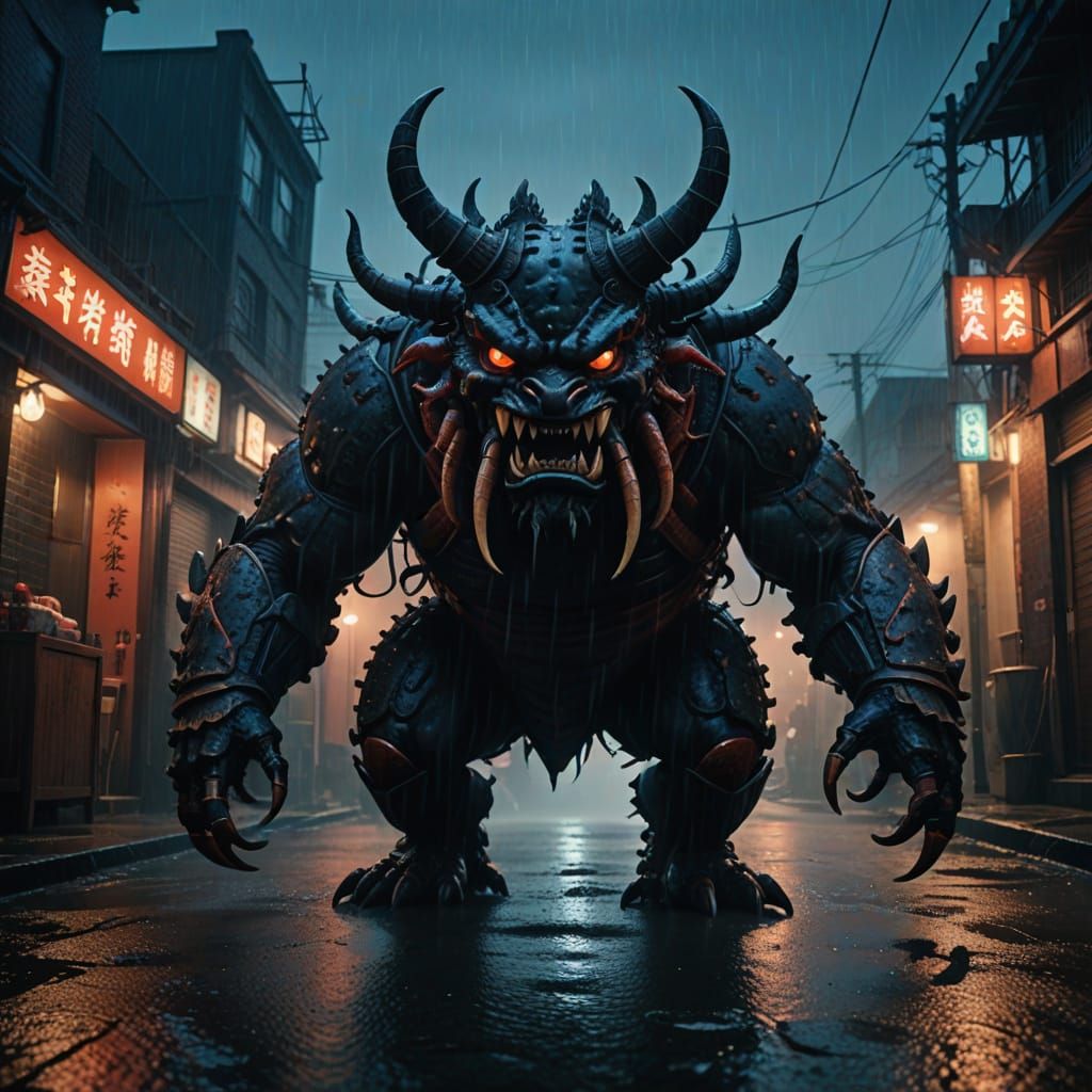 Giant Ushi-Oni Emerges from Darkness in Film Noir Style