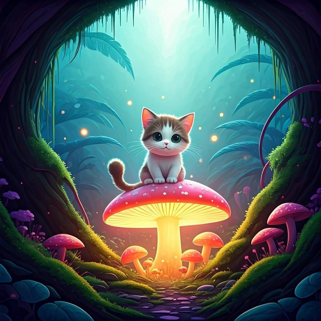Kawaii Cat on Glowing Mushroom: Fantasy Concept Art
