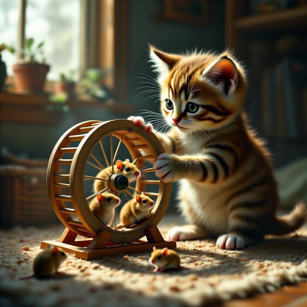 Kitten Spins Gerbil Wheel in Cozy Room