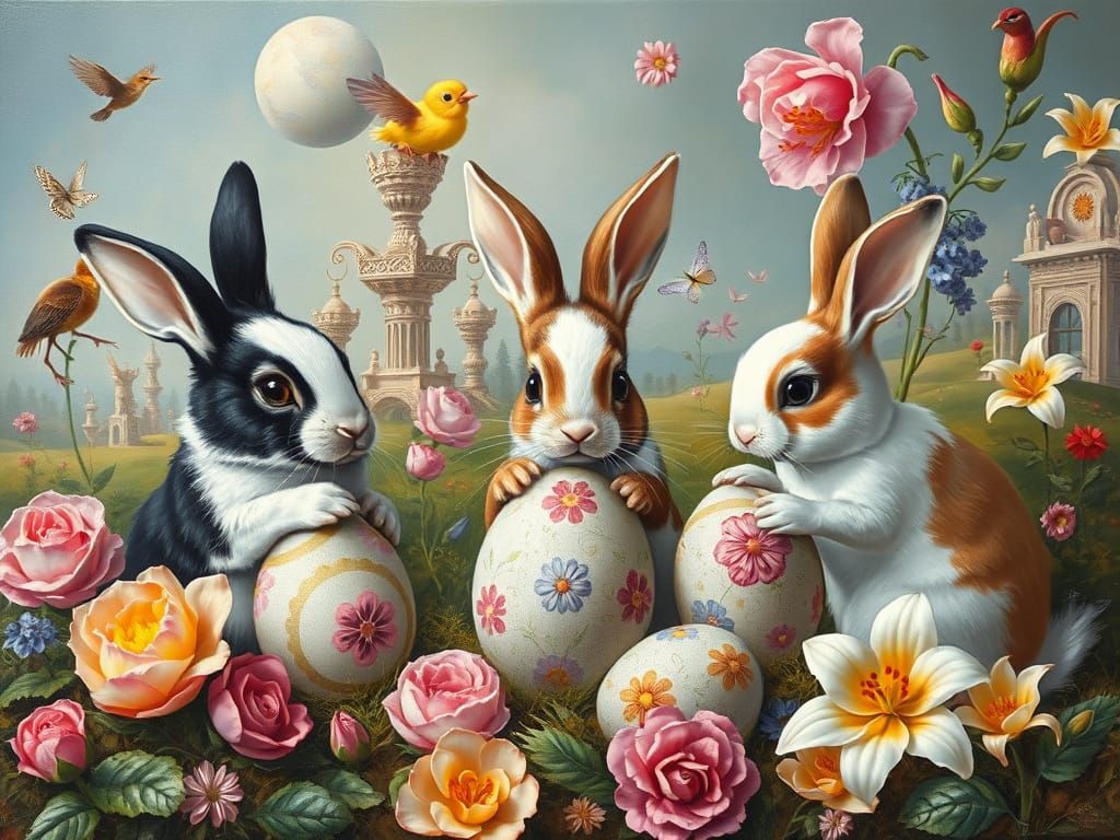 Bunnies and Chicks Painting Easter Eggs in Surreal Style
