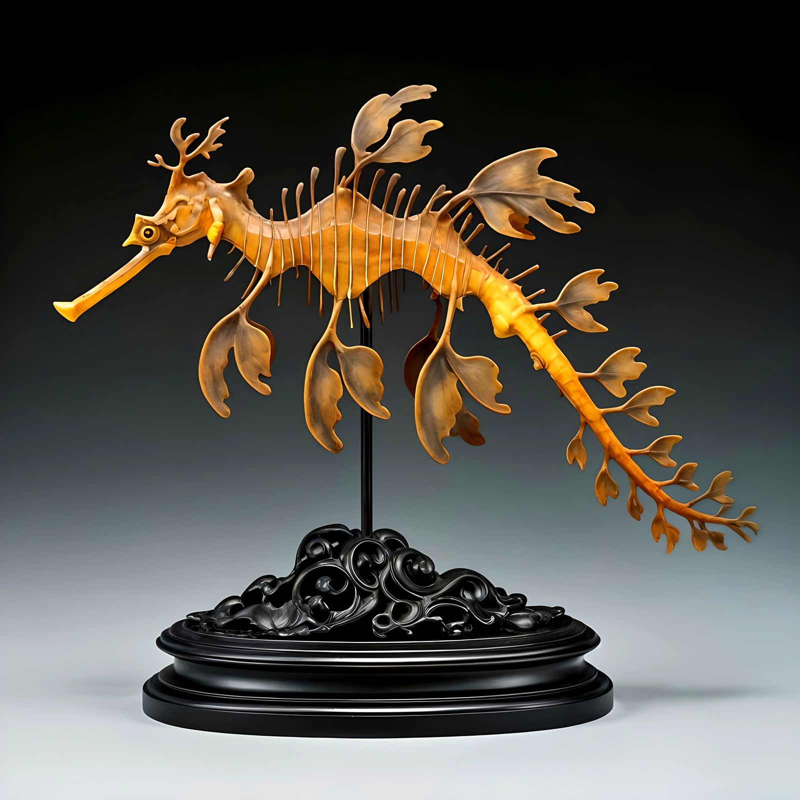 Ornate leafy seadragon, carved camphor wood, ebony base