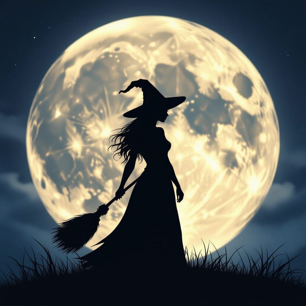 Witch Silhouette Under a Glowing Full Moon