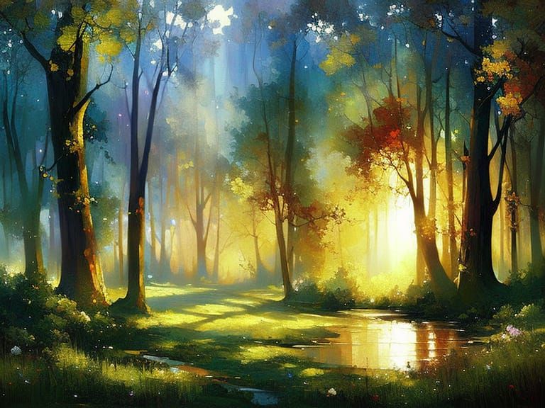 Enchanted Forest with Sun Rays, Impasto Painting