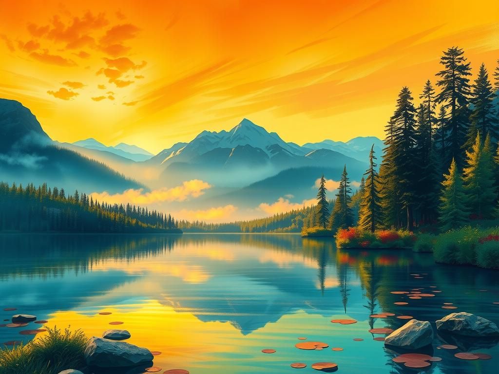 Lake Landscape Painting in Alphonse Mucha Style