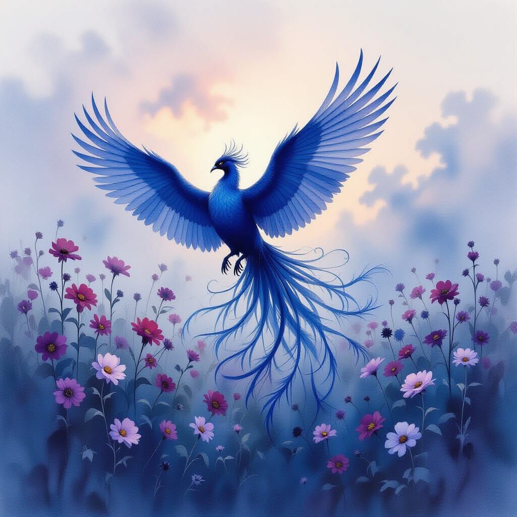 Ethereal Phoenix Rises from Wilted Flowers