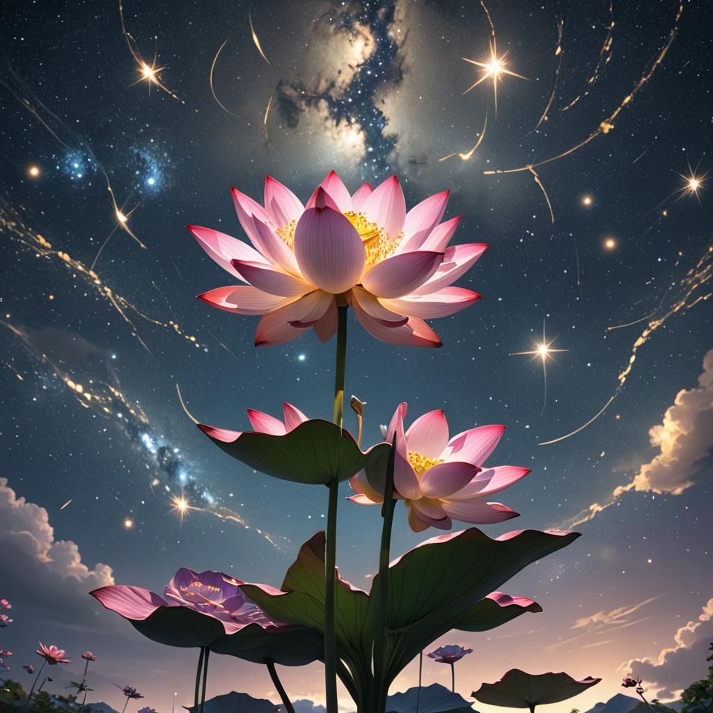 Lotus Flower Under Starry Night Sky: 3D Anime Art