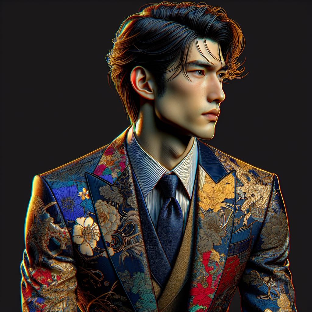 Young Man in Suit: Japanese Painting Inspired 3D Render