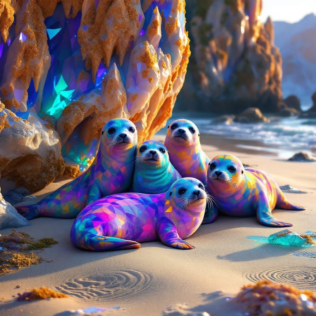 Dewy-Eyed Seals on Sun-Kissed Beach in Fantasy Style