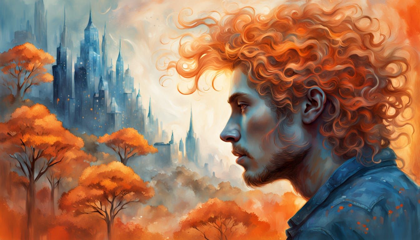 Gay Man's Cosmic Profile with Cityscapes and Celestial Hair