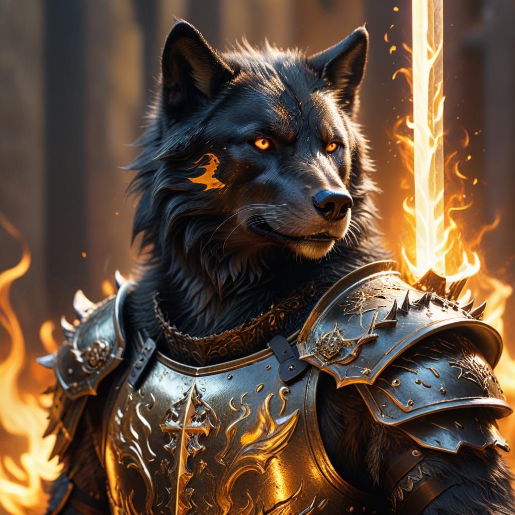 Majestic Black Wolf in Golden Armour, Sword and Shield, with...