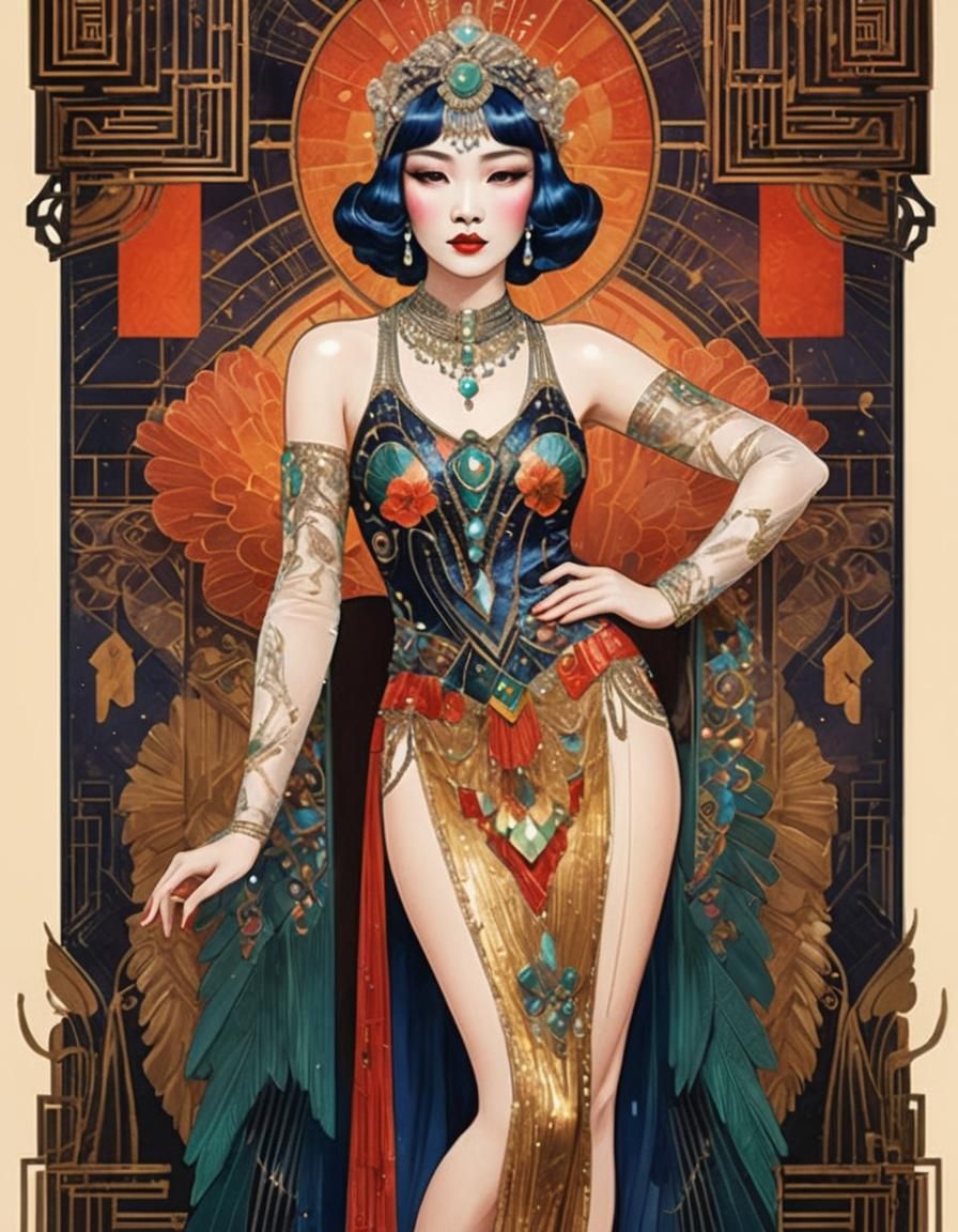 Art Deco Burlesque Woman in Flapper Gown