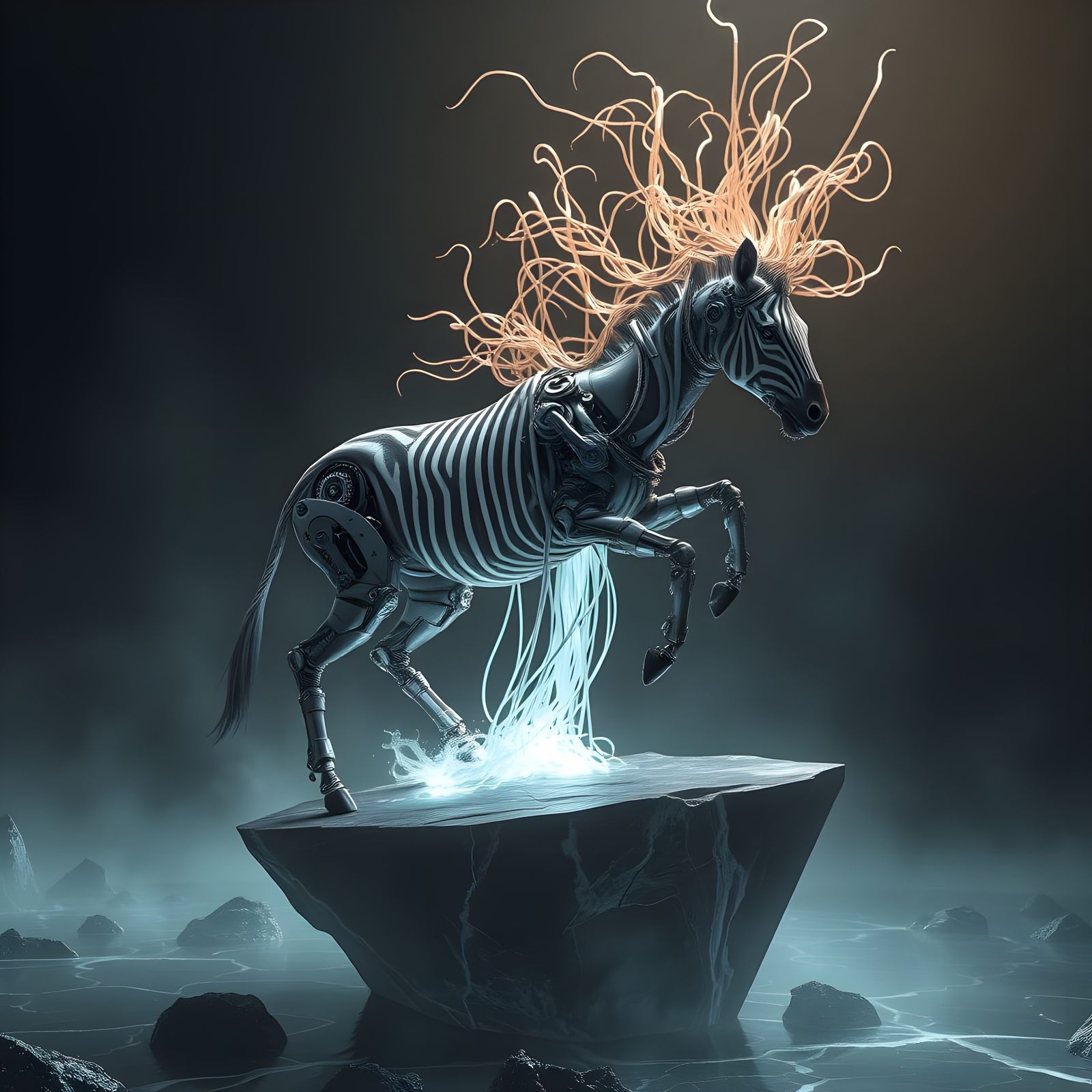 Surreal Biomechanical Zebra Emerges from Obsidian Island