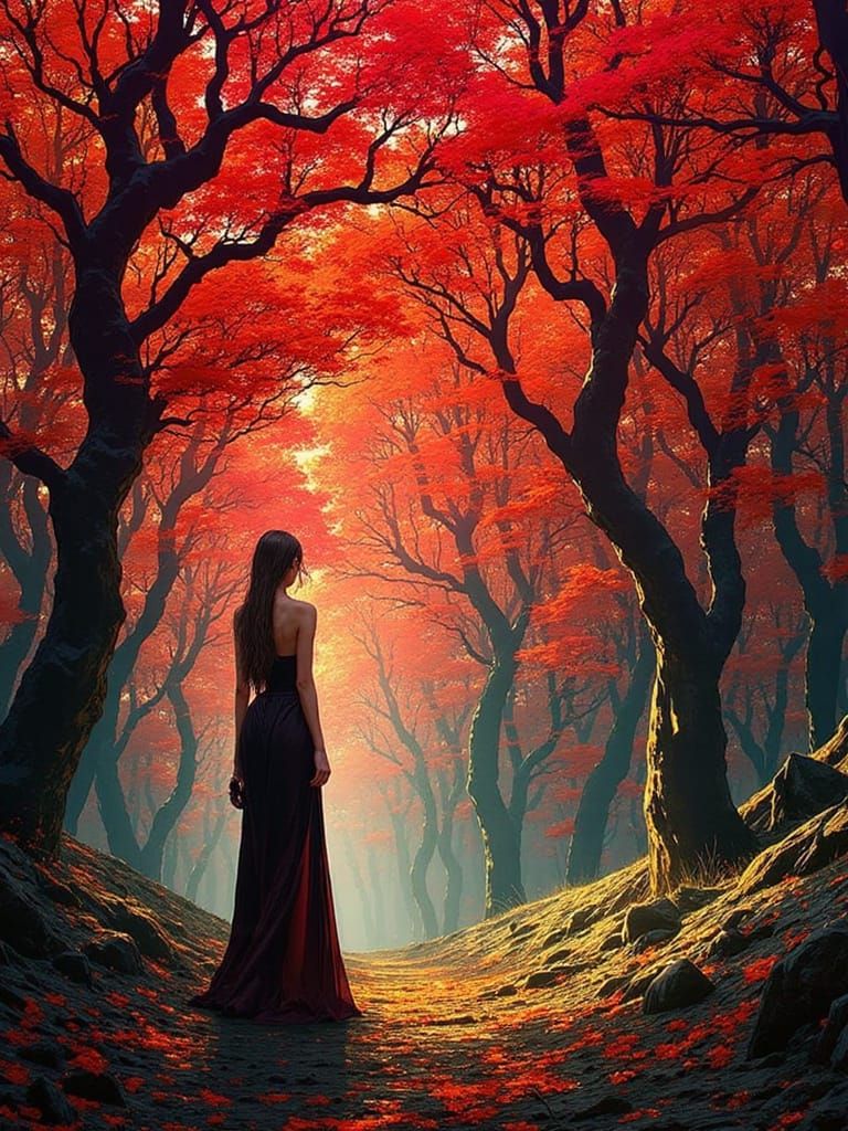 <lora:Virgulta:1.0> landscape in the style of Wyeth, portrait of sci-fi sorceress in fantasy forest