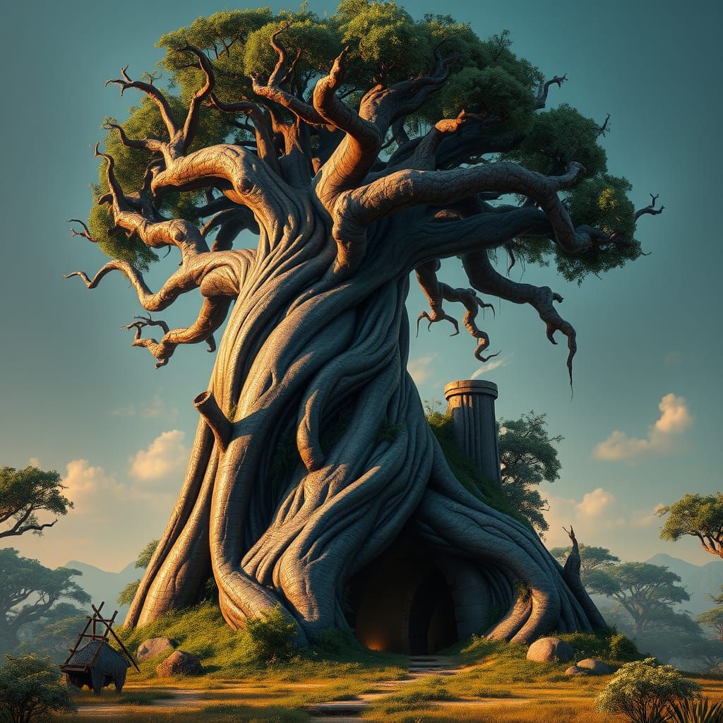 Gnarled Baobab Tree with Hidden Entrance in Fantasy Landscap...